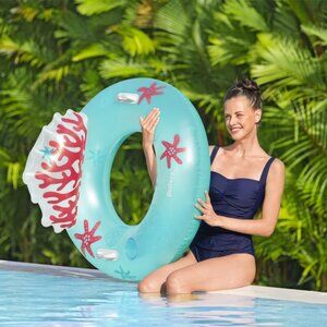 Bestway H2OGO Coral Bliss Swim Tube Pool Float w/ Cup Holder & Headrest – New